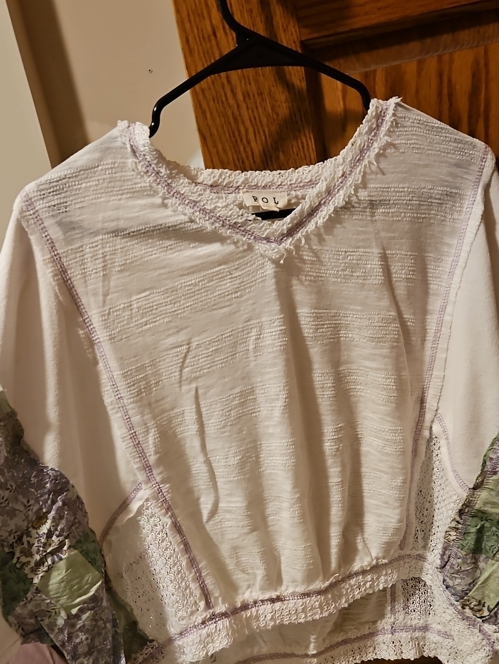 POL White Textured V-Neck Tunic with Lavender Trim and Green Floral Sleeves
